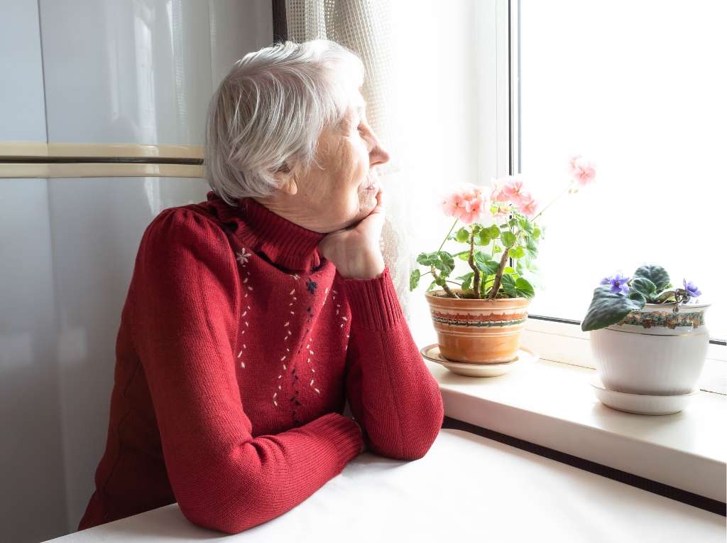 Elderly woman looking out of the window.